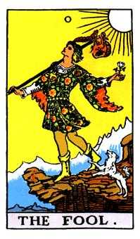 The Fool (0) — a youth on the edge of a cliff with a white dog, symbolizing beginnings and a leap of faith.