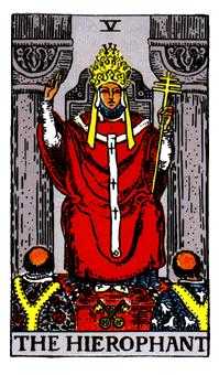 The Hierophant (V) — figure of tradition and teaching between two pillars; symbolizes institutions and spiritual guidance.