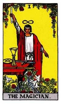 The Magician (I) — one hand to the heavens, one to earth; tools of the suits on the table, symbolizing will and manifestation.