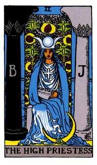 The High Priestess (II) — seated between pillars, with a scroll and lunar symbolism; represents intuition and mystery.